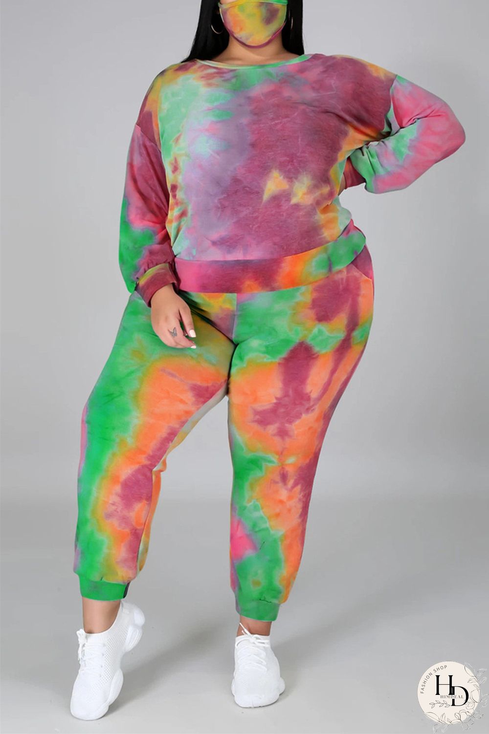 Dark Blue Fashion Casual Print Tie Dye Tie-dye Backless O Neck Plus Size Set