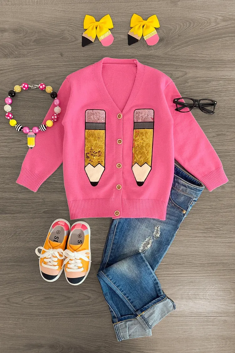 Pink Grey Pen Drawing Floral Button Down Cardigan_Plus