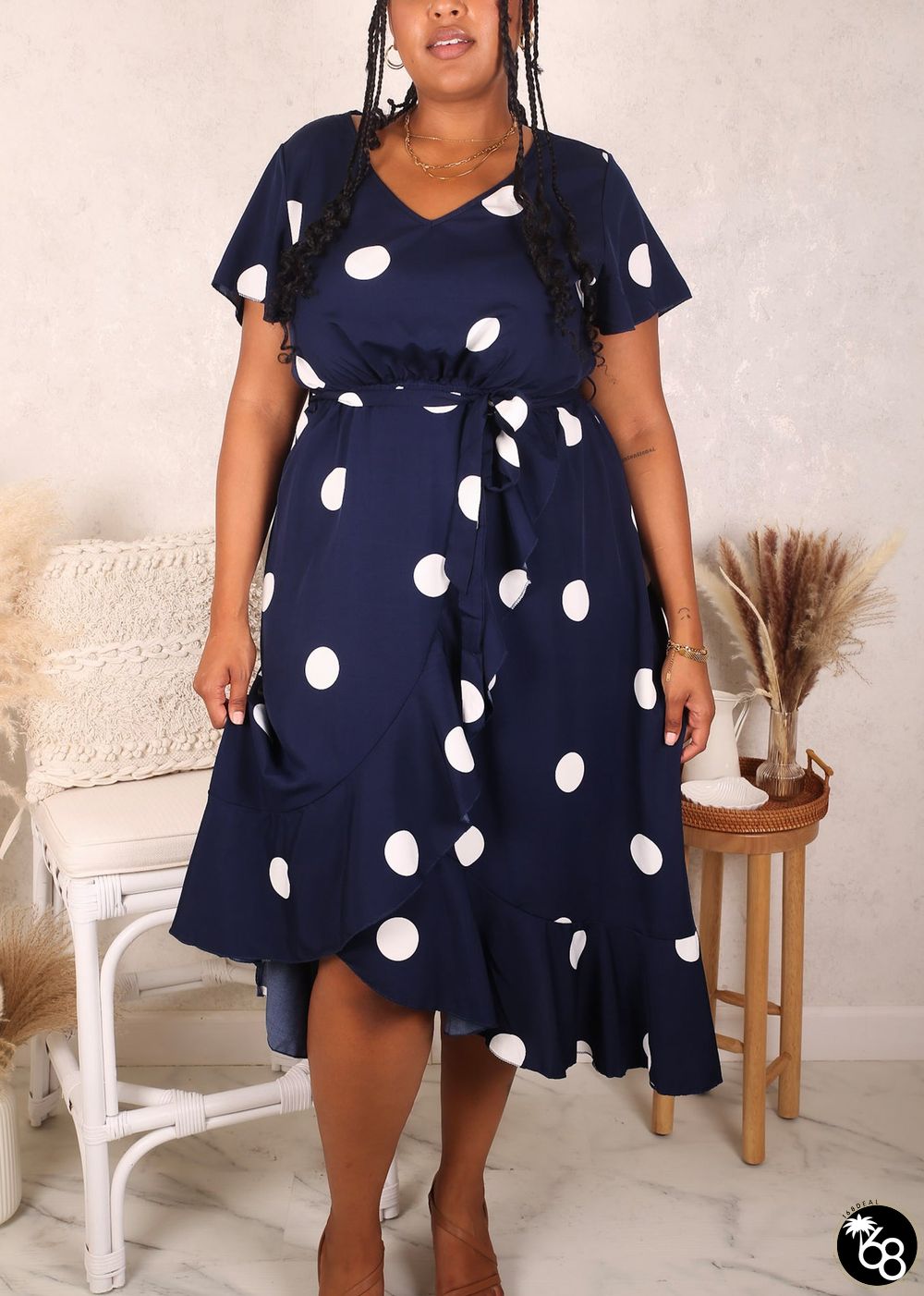 Plus Size Overlap Ruffle Hem Dress, Navy | 168DEAL