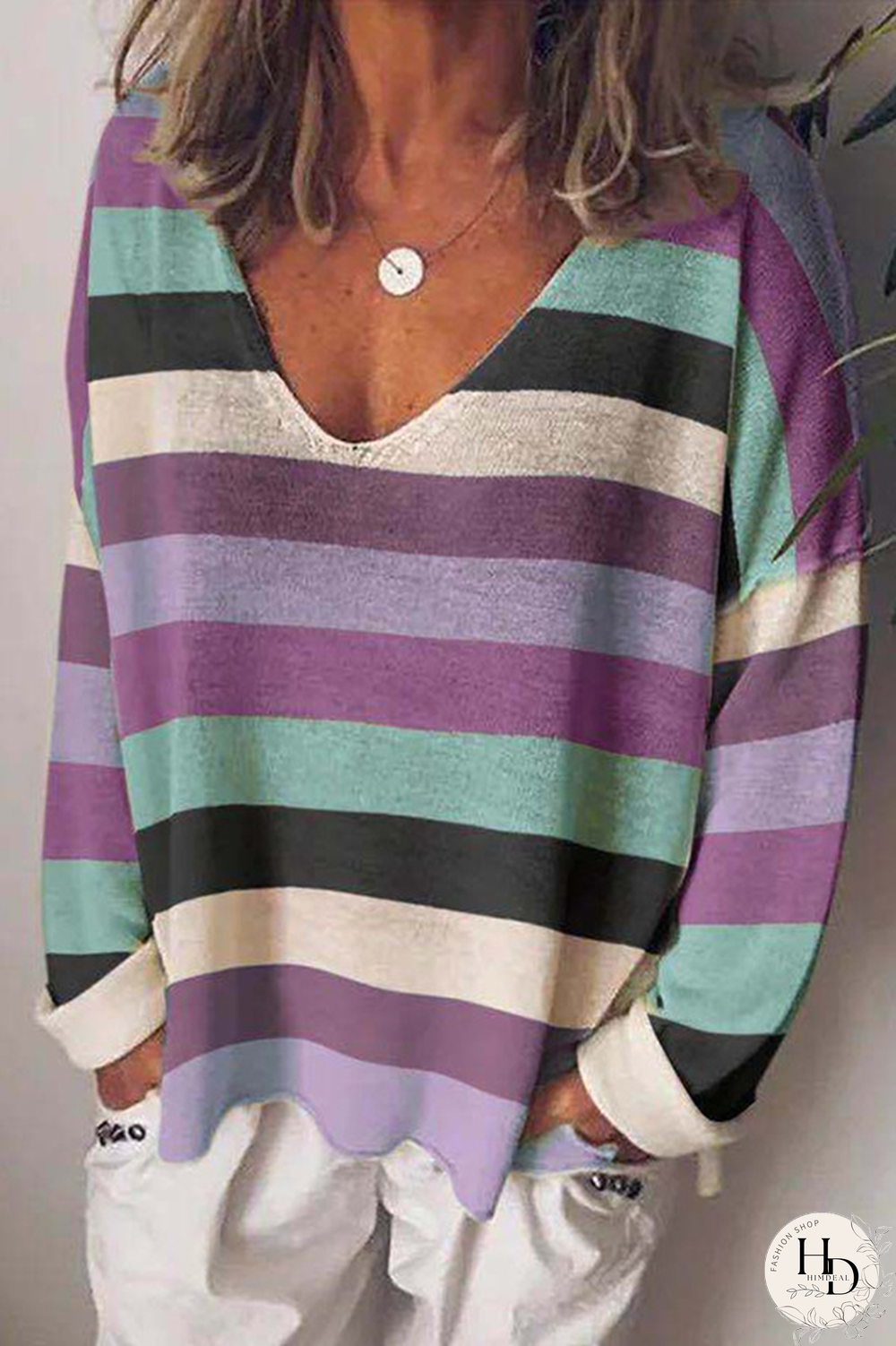 Casual Striped Split Joint V Neck Tops