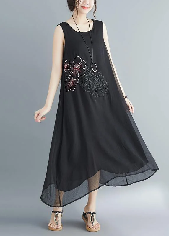 Women Sleeveless embroidery cotton blended dresses Boho Runway black long Dress Summer