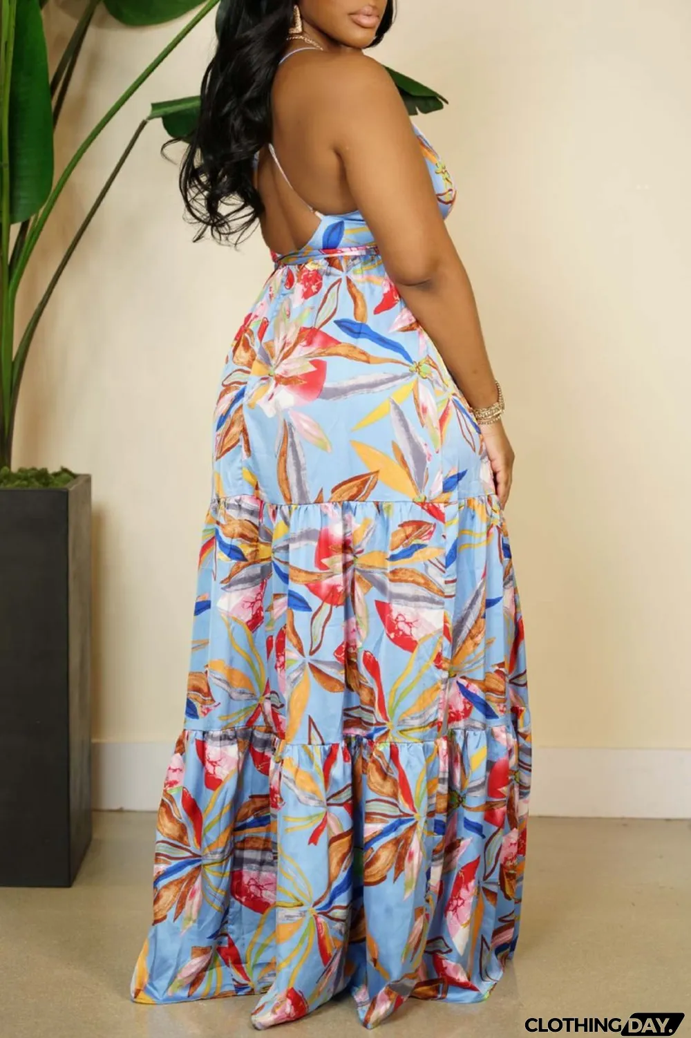 Multi-color Sexy Casual Print Backless Slit Spaghetti Strap Long Dress Dresses