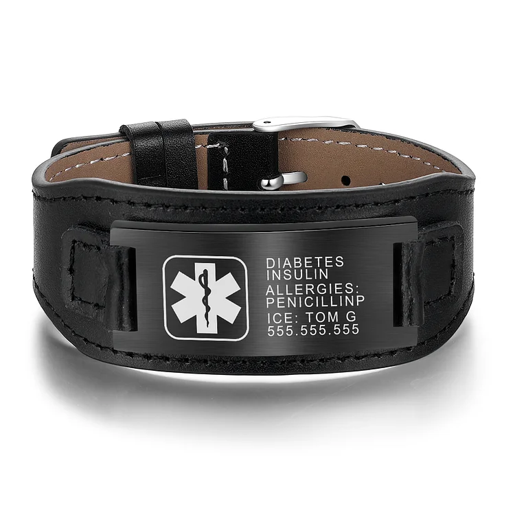 Personalized Leather Medical Alert Bracelet ID Wristbands Adjustable Custom Texts Emergency Bracelet