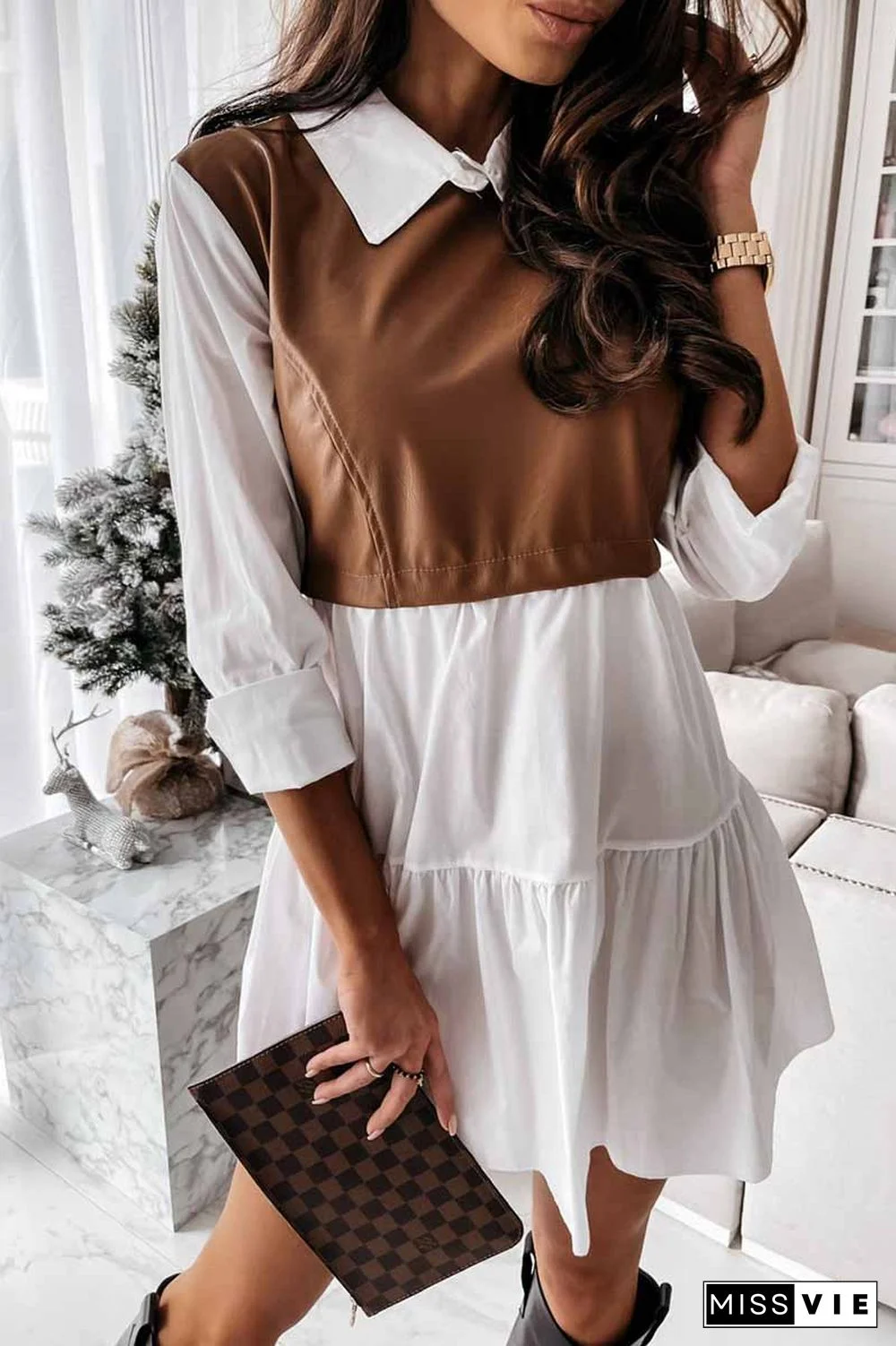 Shirt skirt and leather stitching Mini Dress