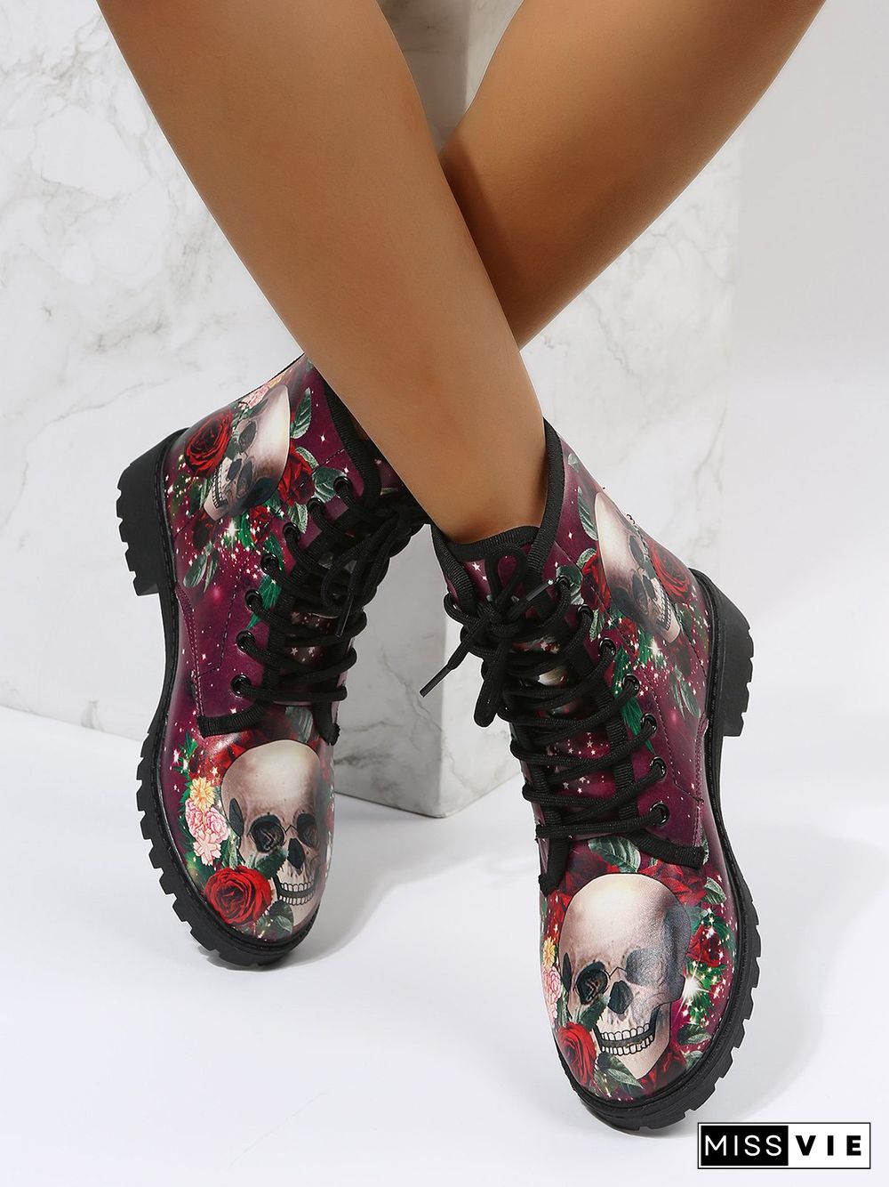 Floral Street All Season Printing Party Low Heel Lace-Up Non-Slip Classic Boots Boots for Women