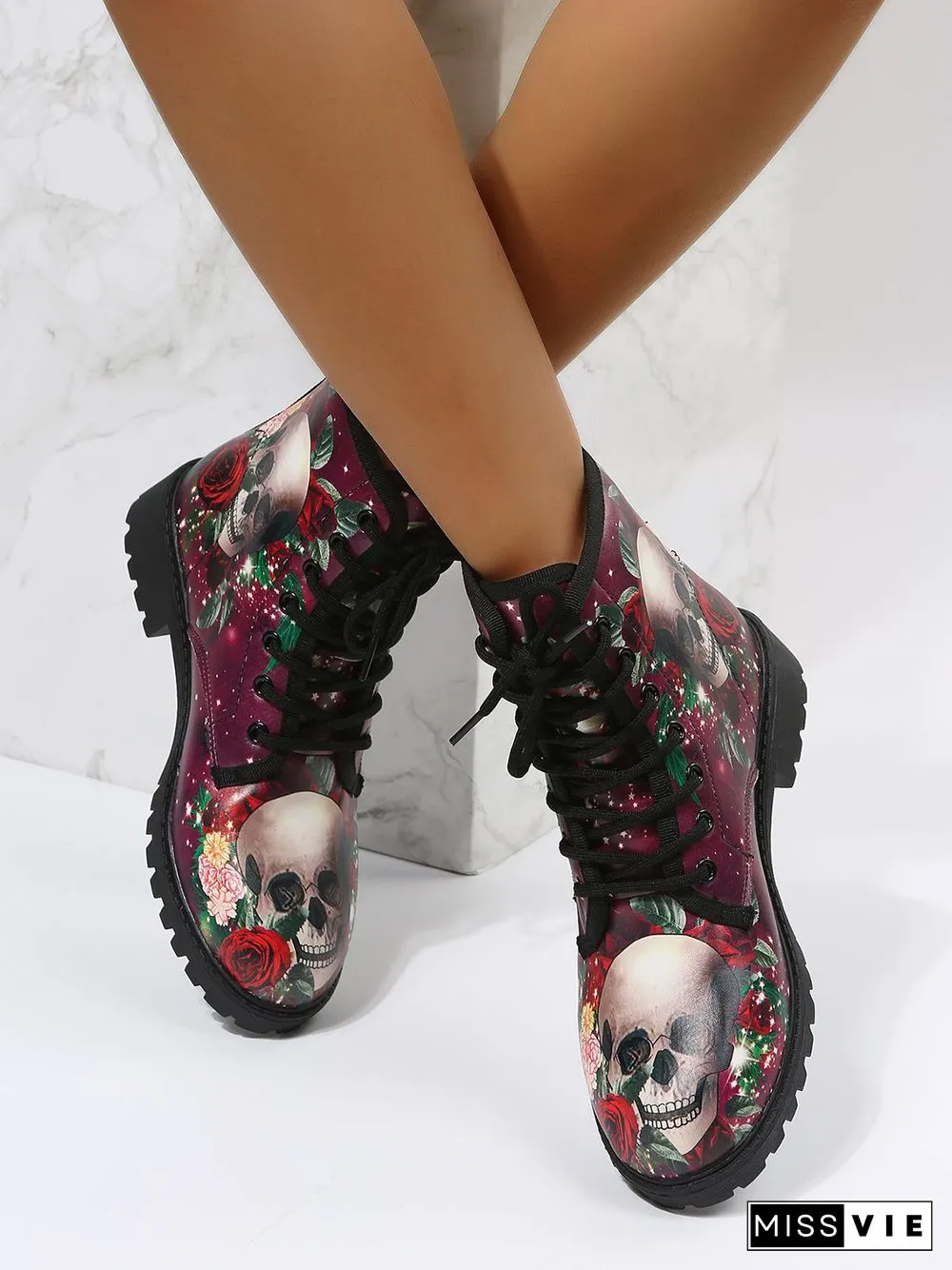 Floral Street All Season Printing Party Low Heel Lace-Up Non-Slip Classic Boots Boots for Women
