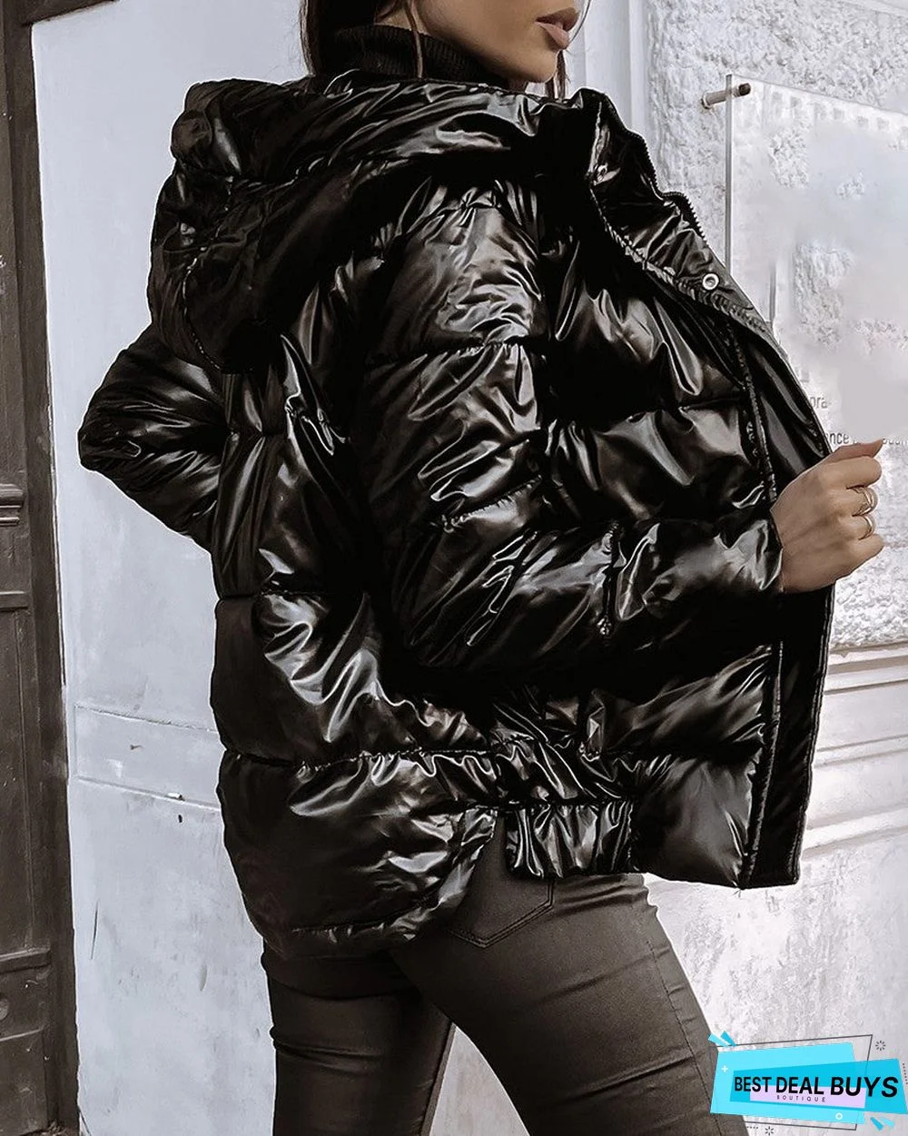 Zipper Front Long Sleeve Hooded Puffer Coat