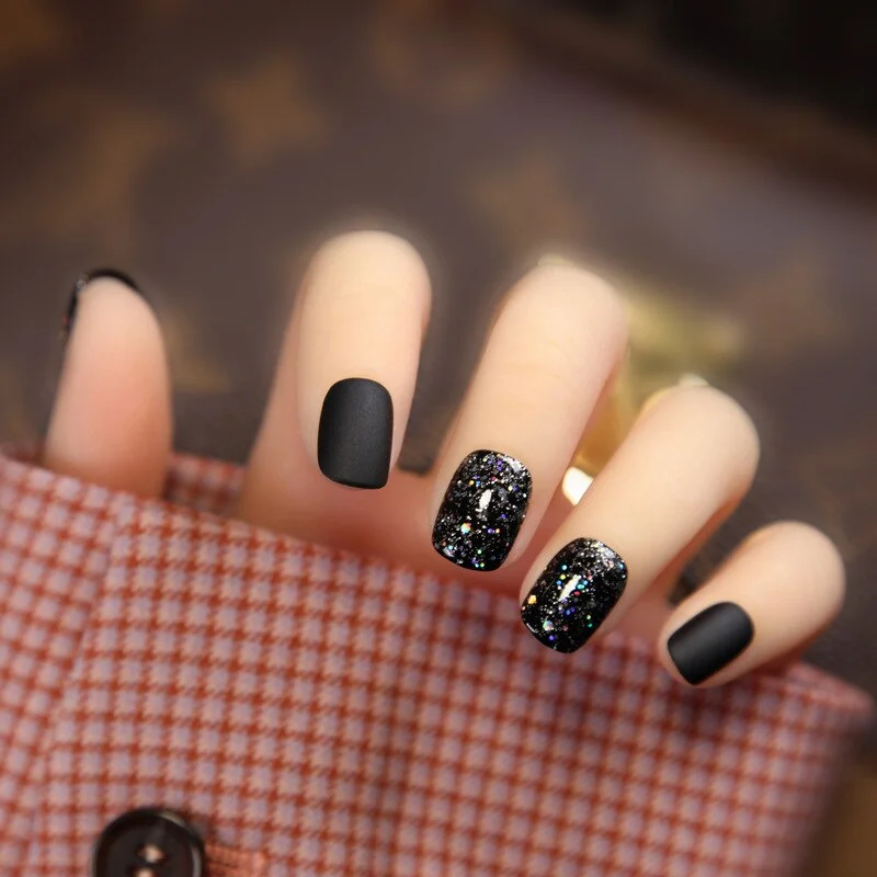 24pcs/box Wearable Finger Fake Nails press on Blue Grey Aurora Effect short size full cover Summer Patch  fake Fingernail tips-Nail Inspo