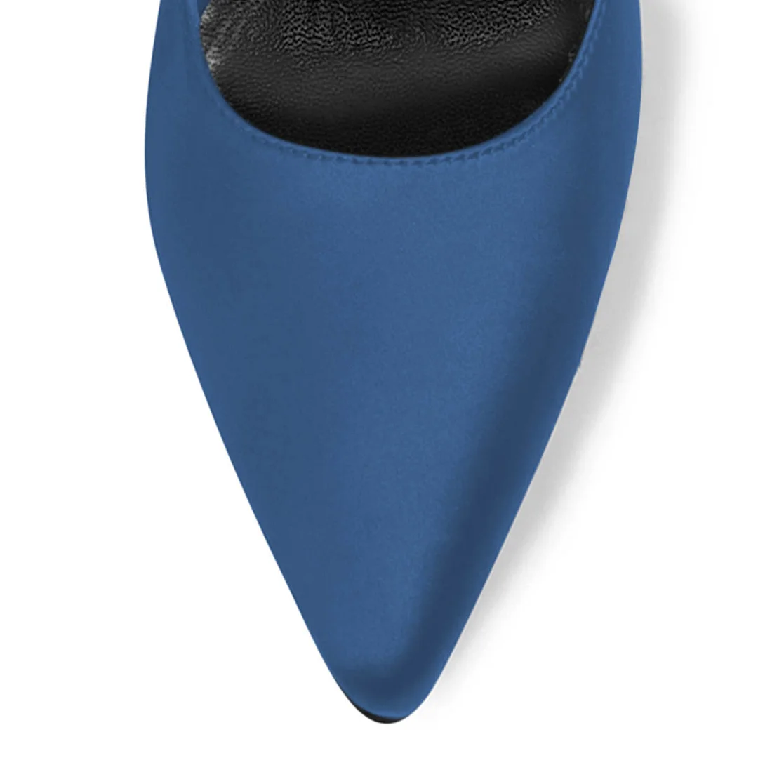 Women's Navy Satin Classic Pointed Toe Pearl Bow Pumps Heels