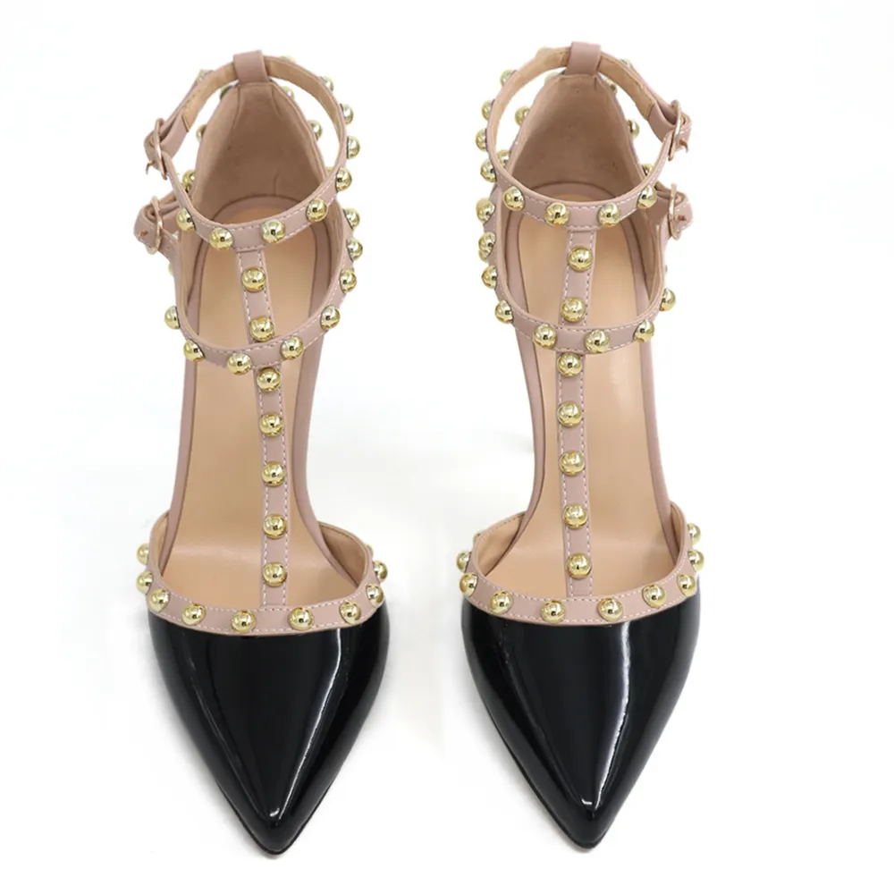 100mm Womens Pointed Toe Pumps Round Rivets Ankle Strap Sandals-vocosishoes