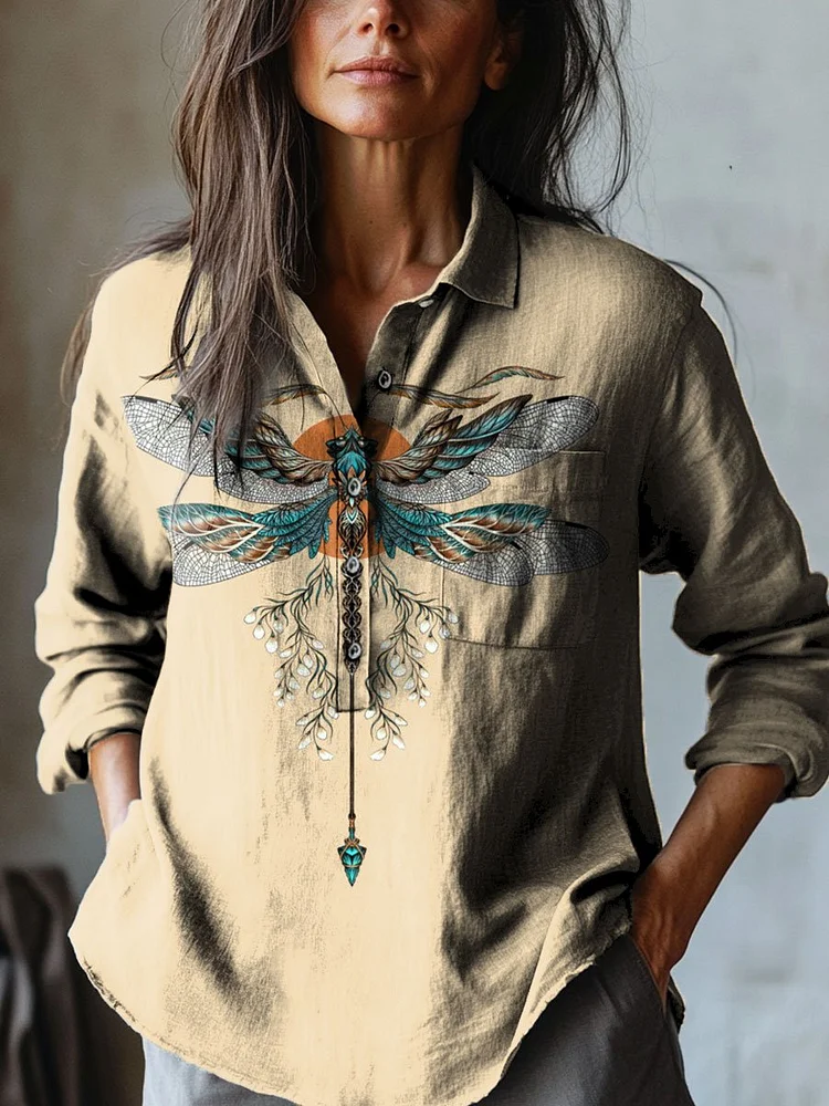 Women's Vintage Dragonfly Art Print Casual Cotton And Linen Shirt