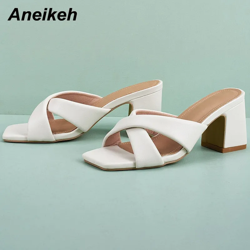 Aneikeh 2021 NEW PU Women's Shoes Summer Head Peep Toe Square Heels Slippers Concise Solid Shallow Party Fashion Leisure Neutral