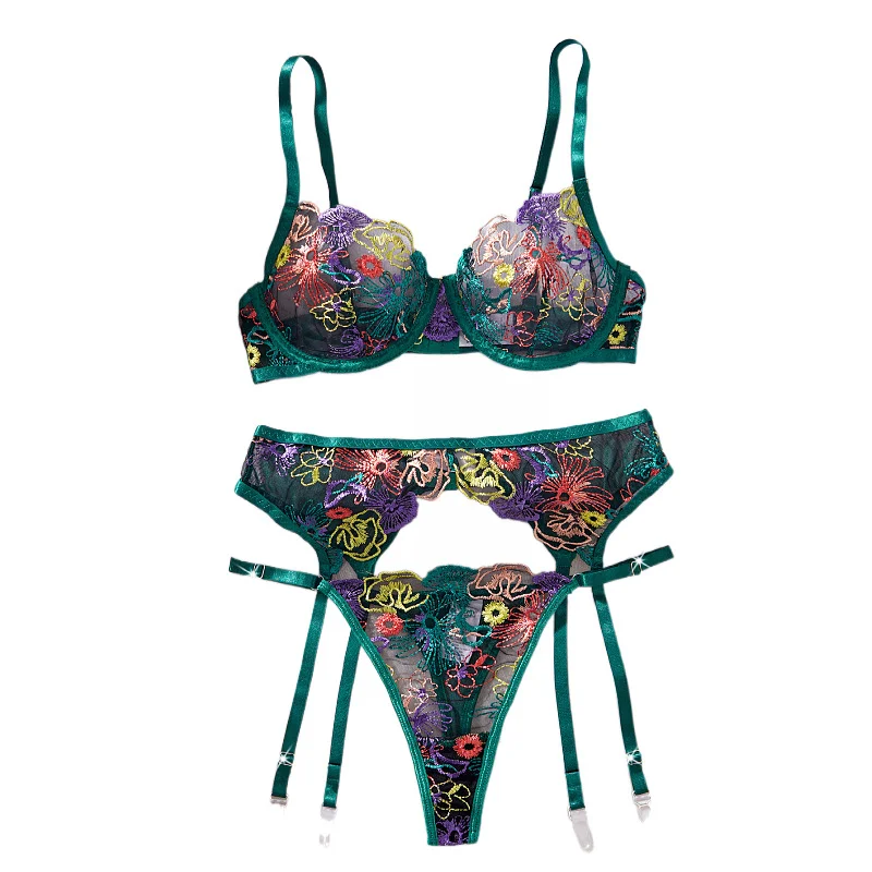 Uaang Autumn New Transparent Seduction Color Embroidery Mesh Splicing Sexy Lingerie Three Sets