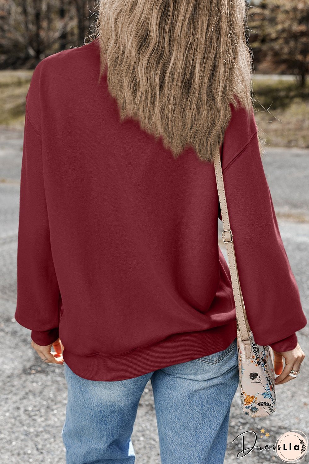 Burgundy Plain Drop Shoulder Crewneck Pullover Sweatshirt