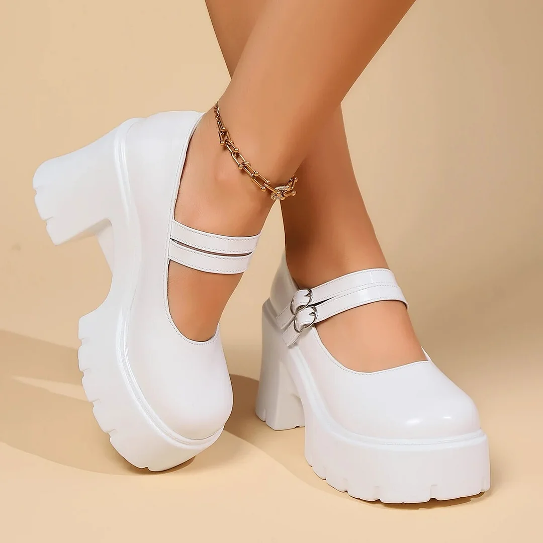 Zhungei High Heels Mary Jane Shoes for Women White Patent Leather Platform Pumps Woman Ankle Strap Chunky Heel Uniform Dress Shoes