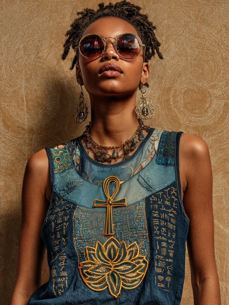 Lotus & Ankh Embroidered Ancient Egyptian Vintage Tank Top