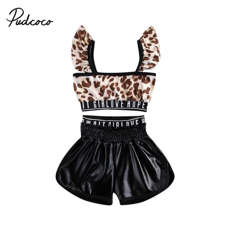 2021 Baby Summer Clothing Girl 2Pcs Outfit Set Children Leopard Sleeveless Ruffle Shoulder Vest Letter Belt Stretch Shorts 6M-5T