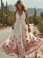 Vintage Boho Pink Roses Lace Patchwork Linen Cami Maxi Dress