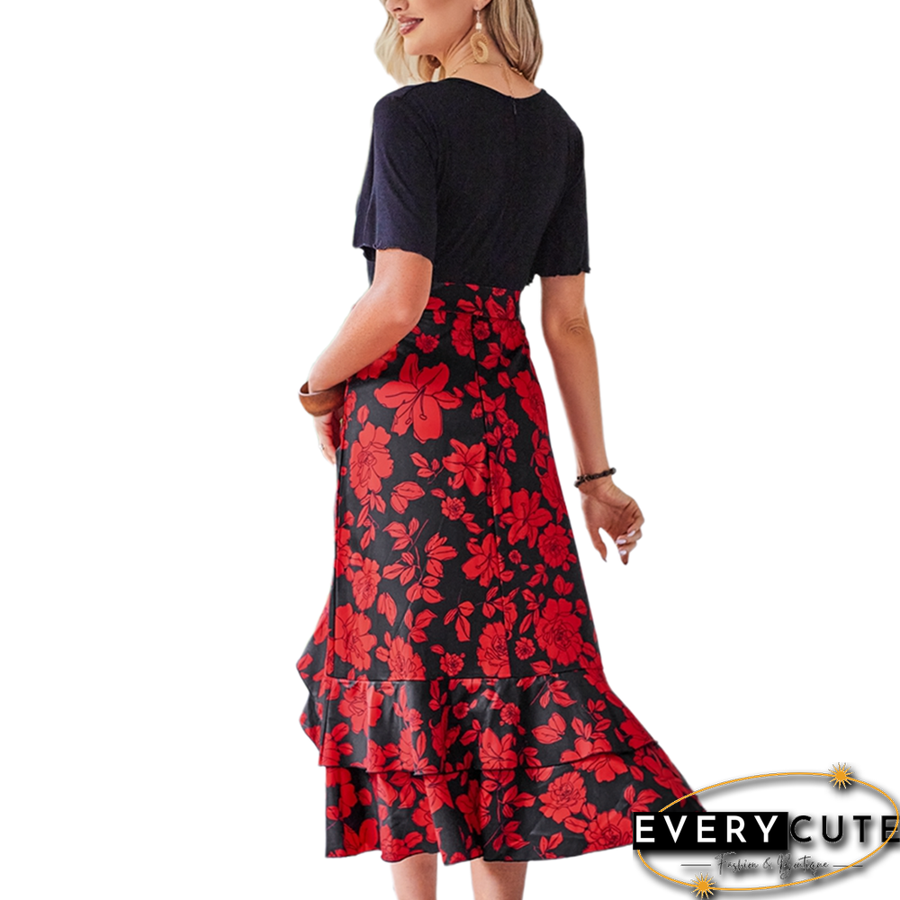 Red Floral Print Splicing V Neck Dress with Slit