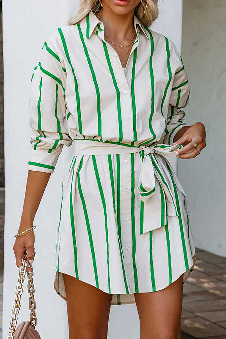 Casual Striped Patchwork Turndown Collar Shirt Dress Dresses - Life is Beautiful for You - SheChoic