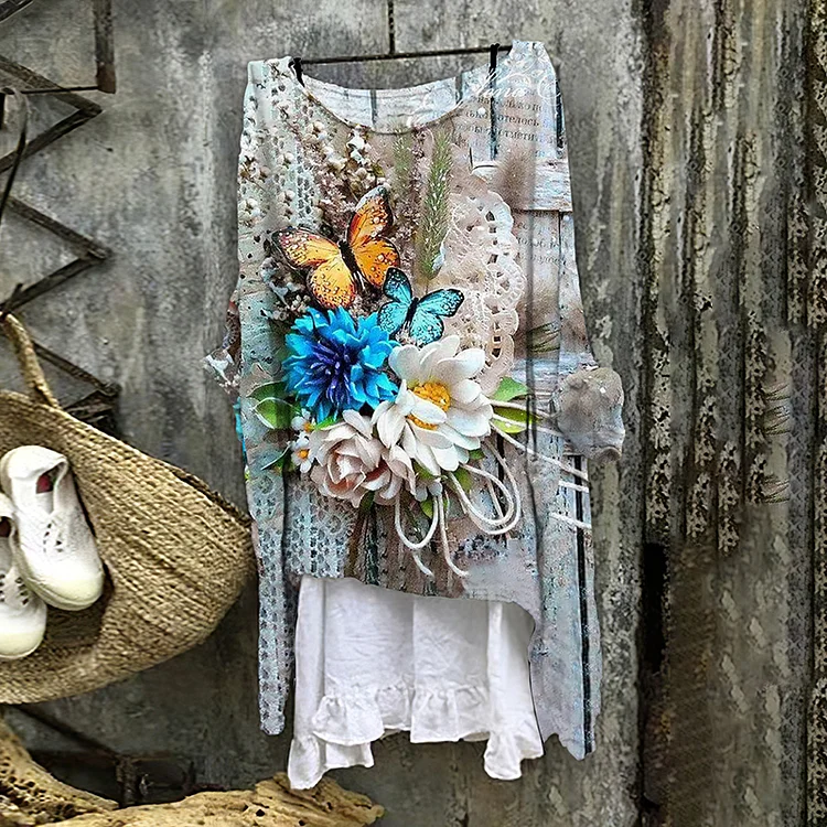 Women's Vitange Making Old Butterfly Flowers Round Neck Shirt