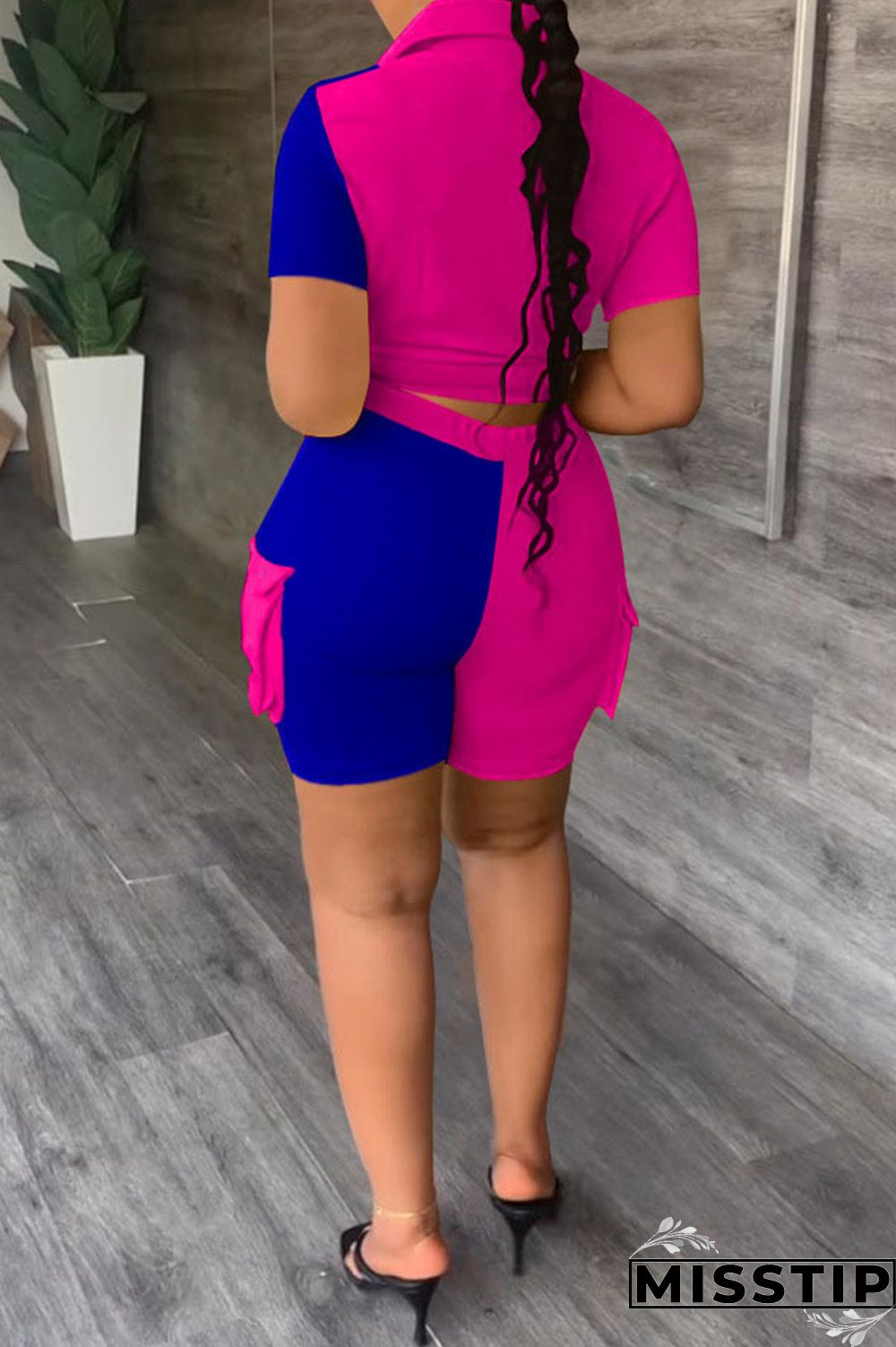 Blue Casual Patchwork Contrast Shirt Collar Short Sleeve Two Pieces