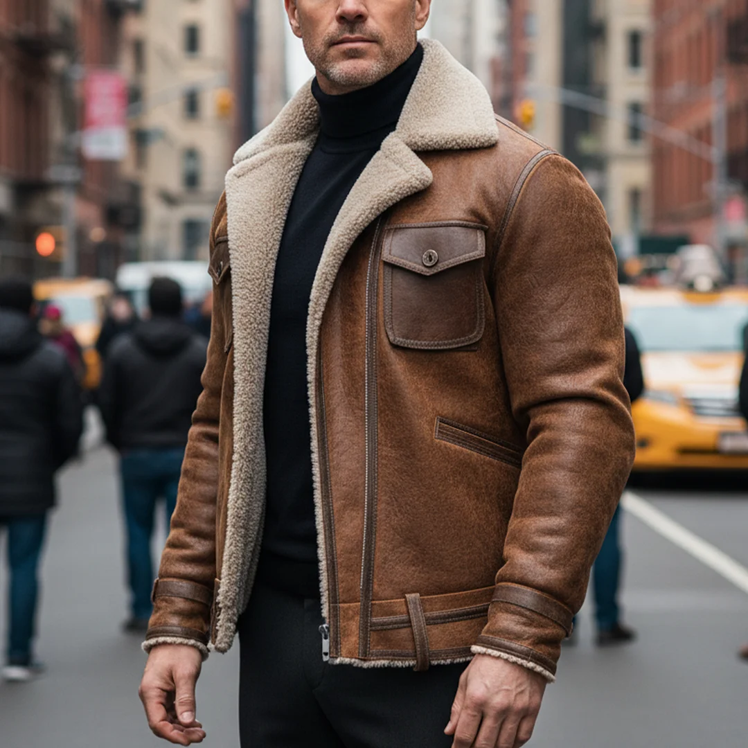 Men's Vintage Brown Leather Jacket With Faux Shearling Lining