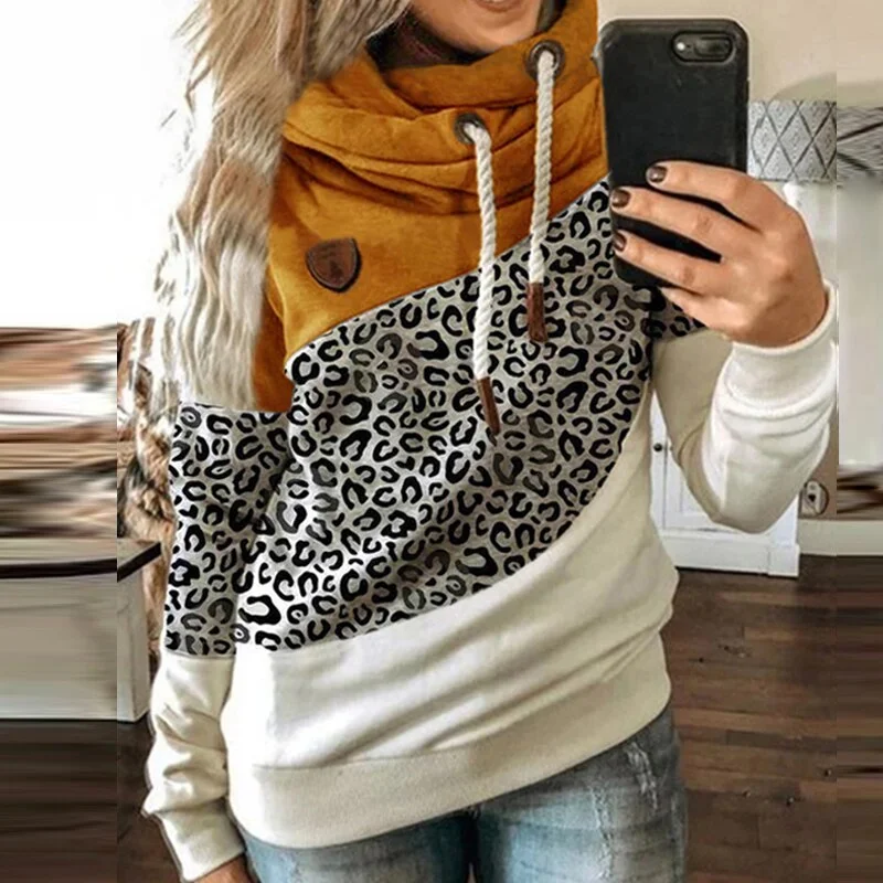 Women Turtleneck Hoodies Winter Fashion Drawstring Long Sleeve Hooded Sweatshirts Casual Leopard Print Female Pullovers Tops