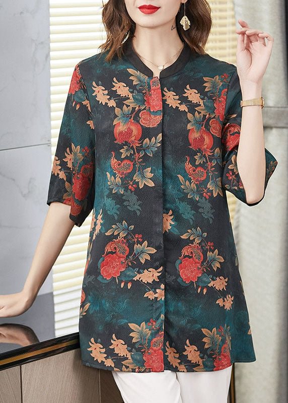 Stylish Green Stand Collar Button Pomegranate Print Patchwork Silk Long Shirt Half Sleeve