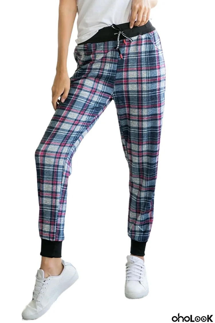 High Waisted Drawstring Plaid Joggers with Pockets