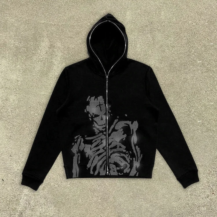 Rhinestone Skeleton Print Men's Y2K  Full Zip Up Oversized Hooded Coat at Hiphopee
