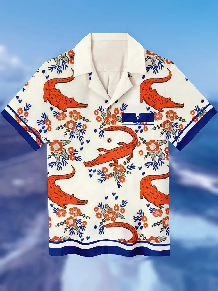 Men's Crocodile Floral Cartoon Print Short Sleeve Shirt
