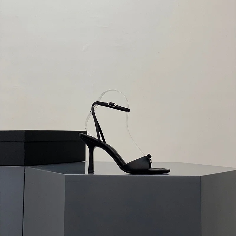 Breakj Breakj New Summer Bow Silk Satin High Heels Women Feel Water Drill Letters Fine And Exposed Cool Slippers Pink