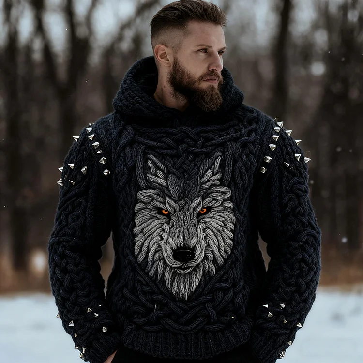 Men's Viking Celtic Wolf Studded Chunky Hooded Sweater
