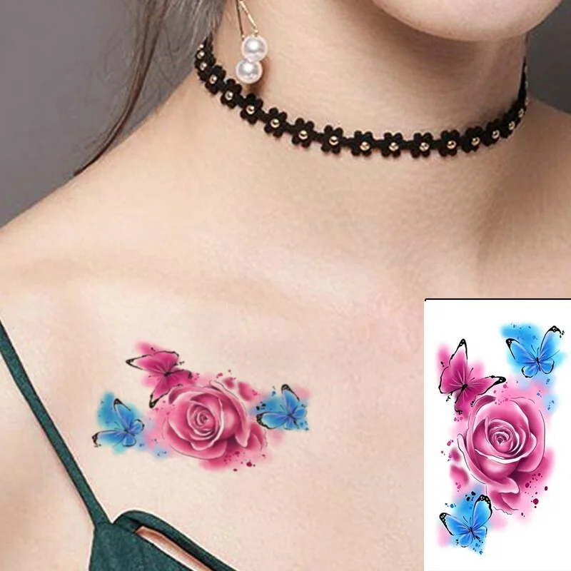 Beautiful Rose Flowers Body Art Neck Abdomen Waterproof Fake Tattoo Sexy for Woman Men Flash Temporary Small Size Tattoo Sticker