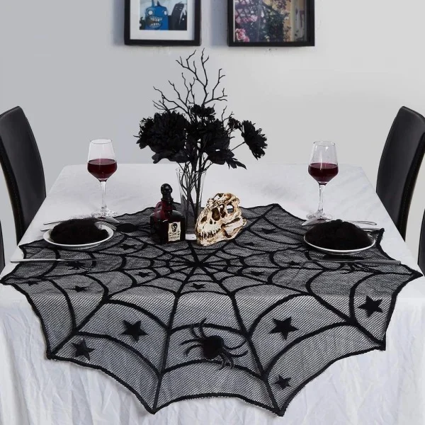 Black Lace Spiderweb Table Runner For Halloween Decoration