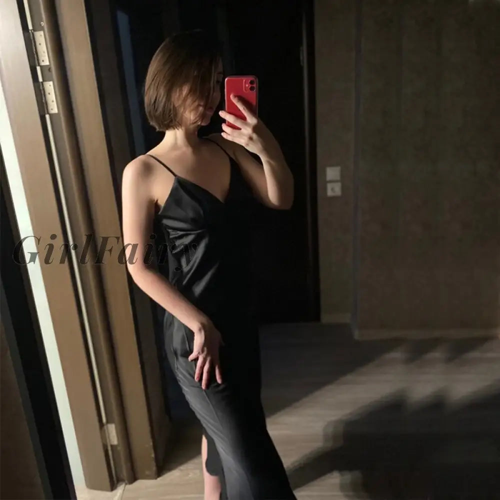 Girlfairy Satin Spaghetti Strap Dress Deep V Neck Sexy Backless Party Elegant Solid Straight Midi