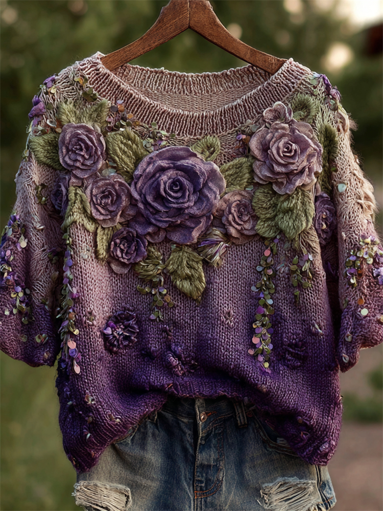 Vintage Purple Roses Beaded Dyed Knit Short Sleeve Sweater wearshes