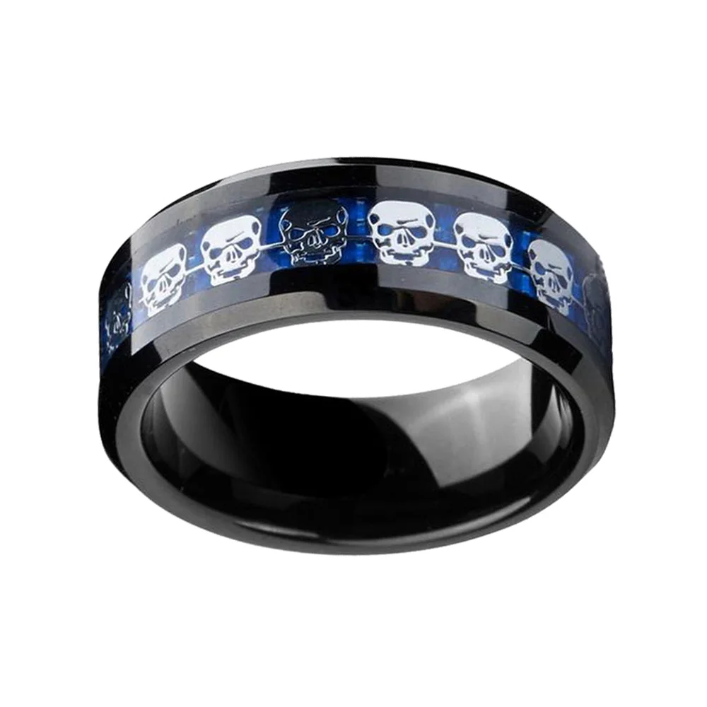 8mm Black Tungsten Carbide Mens Wedding Rings Silver Skull Skeleton And Blue Carbon Fiber Inlay