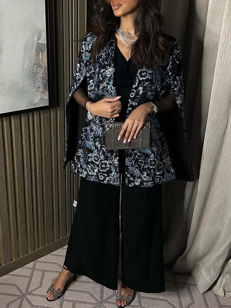 Black V Neck Jumpsuit and Floral Pattern Tunic Set