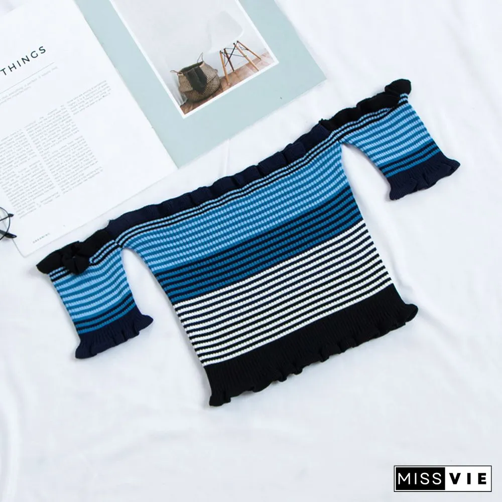 Heliar Women Rainbow Stripes Tops Female Off Shoulder Tops Women's Clothing Ruffles Hem Tees Lady Sexy Tops For Women T-Shirts