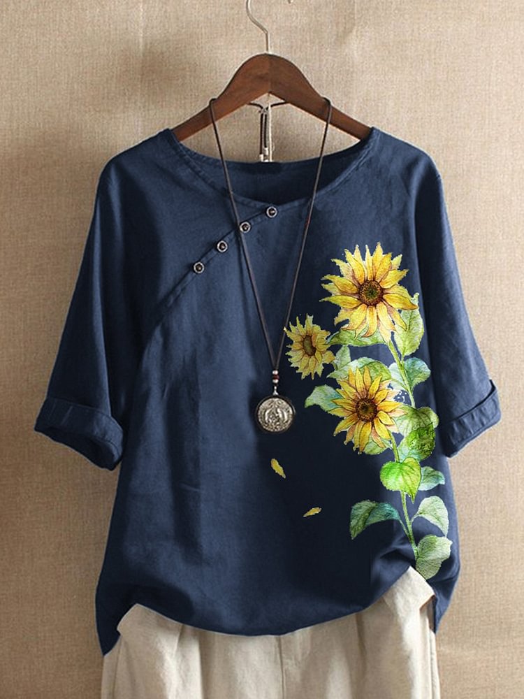 Bestdealfriday Blue Cotton Blend Vintage Floral Shirts Tops 9322628