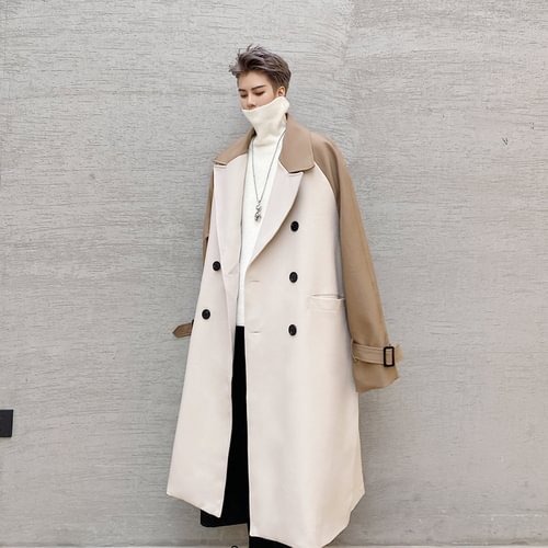 Dawfashion-Double-breasted Lapel Contrast Color Mid-length Trench Coat-Yamamoto Diablo Clothing