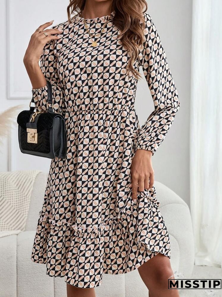Women's Floral Print Long Sleeve Ruffle Trim Short Casual Dress
