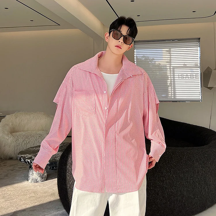 Dawfashion Techwear Streetwear-Sleek Three-dimensional Cut Red Plaid Paneled Long-sleeved Shirts-Streetfashion-Darkwear-Techwear