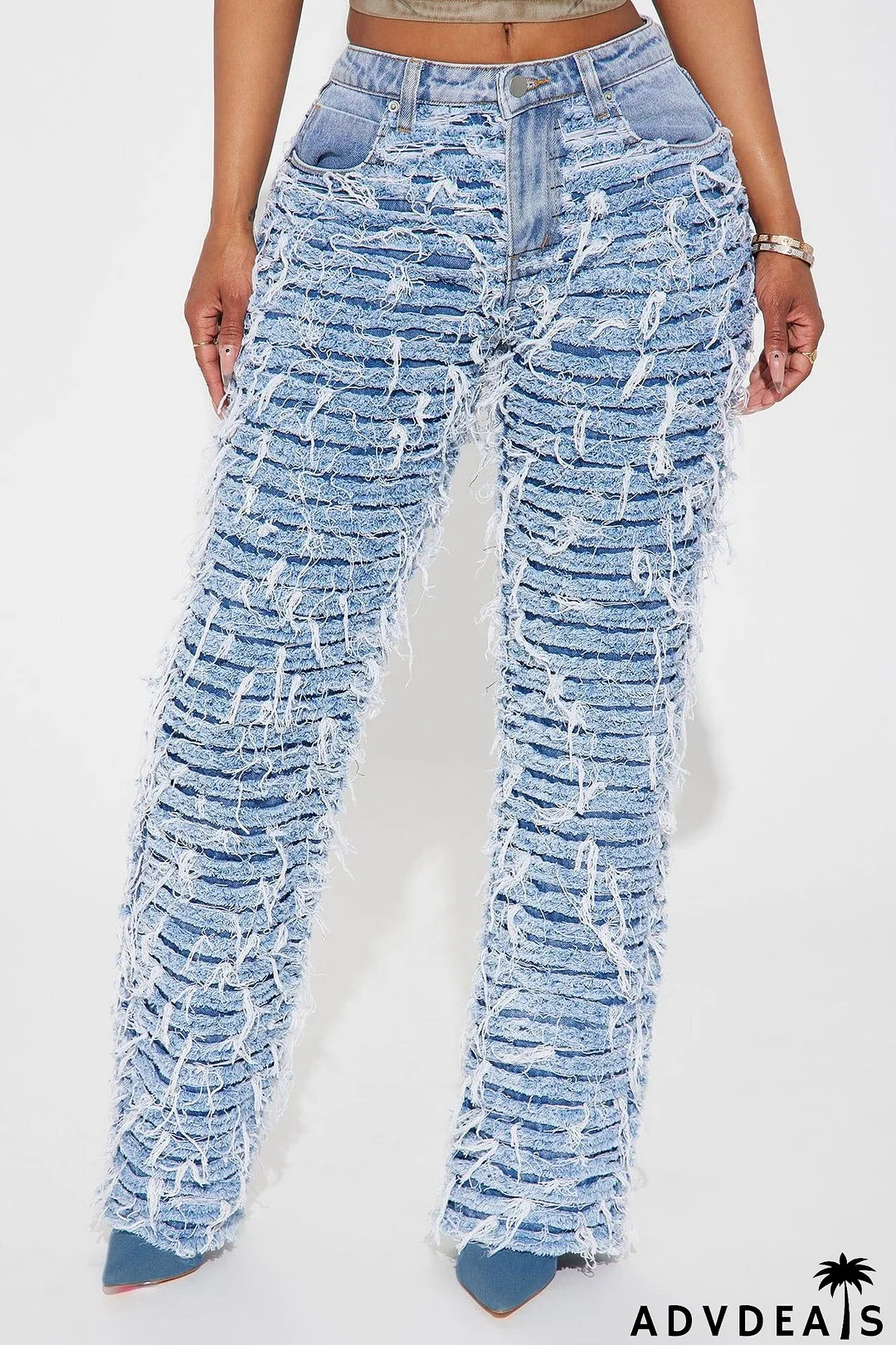 Women Raw Edge Fringe Stretch Denim Pants