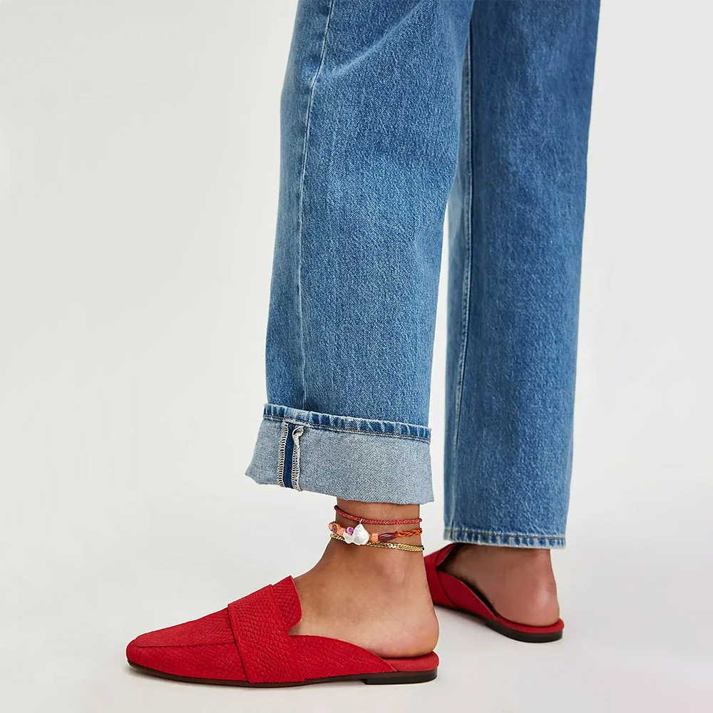 Red Vegan Suede Square Toe Snakeskin Embossed Loafer Flat Mules