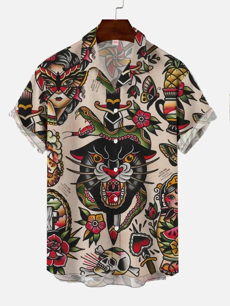 Beautys And Beasts Tattoo Designs Printing Cuban Collar Men's Short Sleeve Shirt