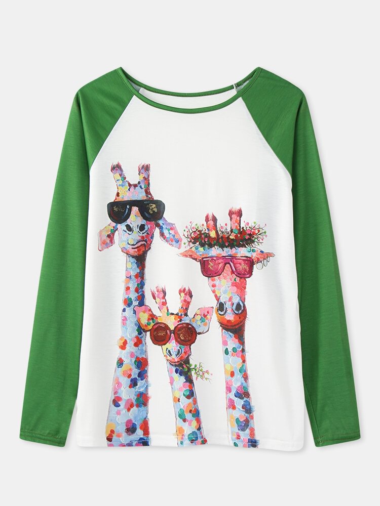 Giraffe Print Patchwork O neck Long Sleeve Casual T Shirt For Women P1792259