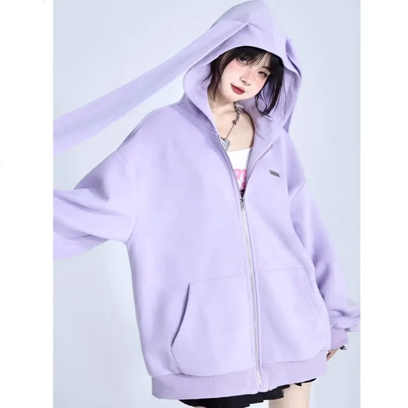 Long Bunny Ears Pocket Oversize Zipper Hooded Sweatshirt